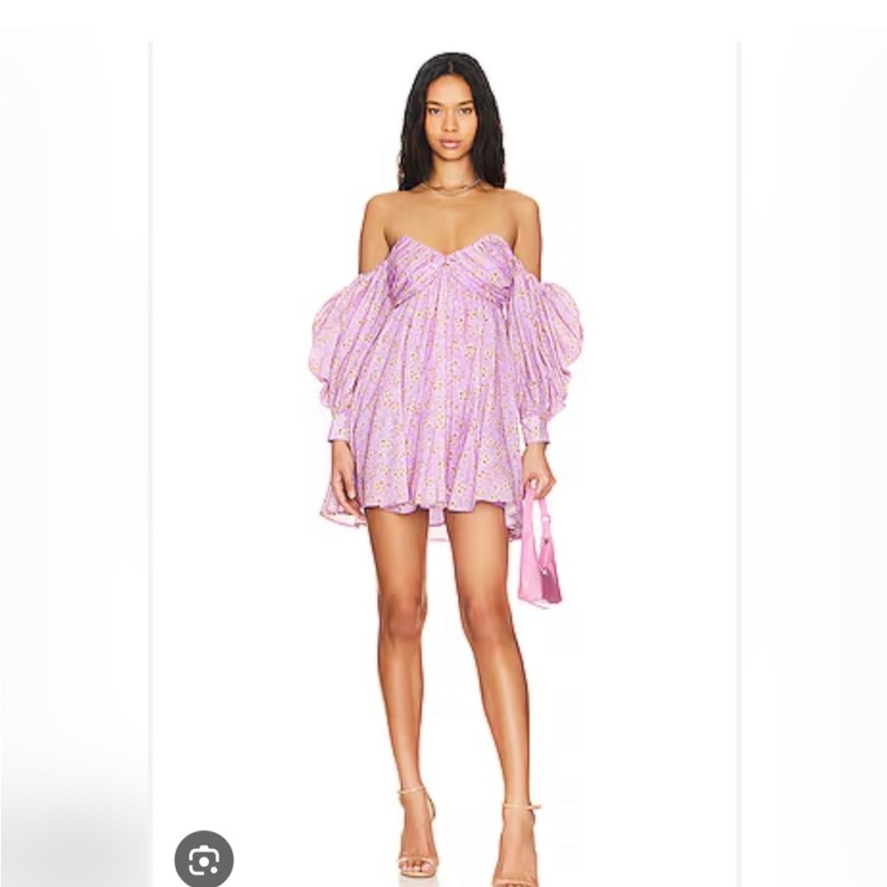 Bardot Off Shoulder Floral Lavender Long Sleeve Dress - Picture 3 of 5